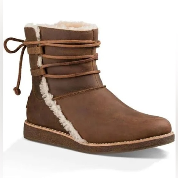 UGG Luisa Chocolate Brown Leather Lace Up Boots  Water-Resistant Size 5.5 - Picture 1 of 11